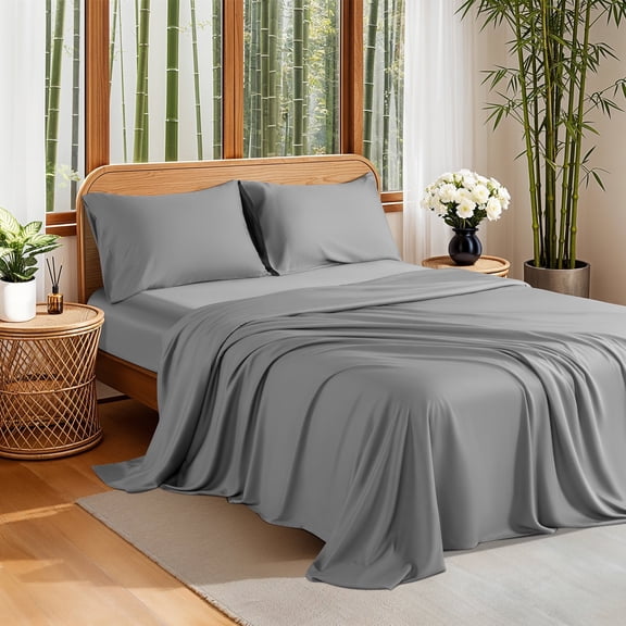 Sonoro Kate 100% Organic Luxurious Bamboo Sheets, Queen Sheet Set 4-Piece with 16" Deep Pocket, Silky Smooth Luxury Bed Sheets, Gray