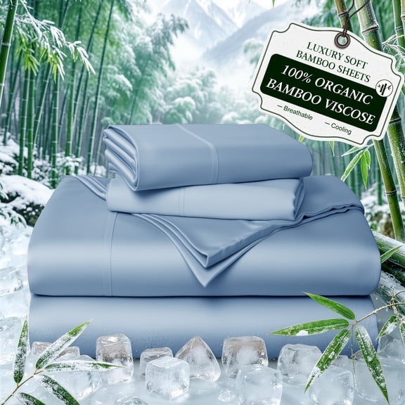 Sonoro Kate 100% Organic Cooling Bamboo Sheets, Queen Sheet Set 4-Piece with 16" Deep Pocket, Silky Smooth Luxury Bed Sheets, Lake Blue