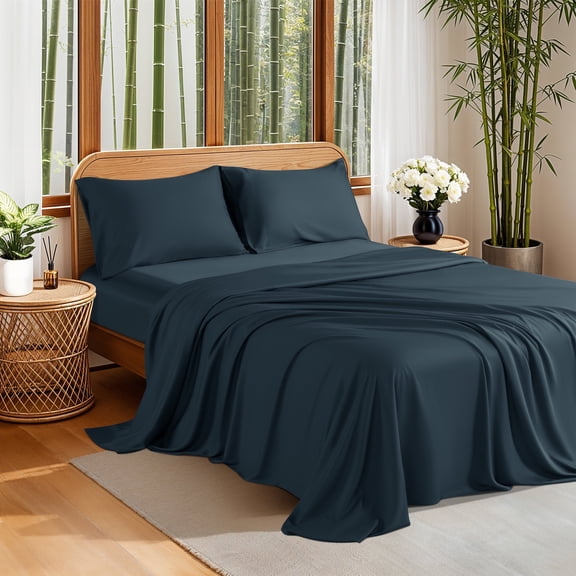 Sonoro Kate 100% Organic Luxurious Bamboo Sheets, Queen Sheet Set 4-Piece with 16" Deep Pocket, Silky Smooth Luxury Bed Sheets, Navy Blue