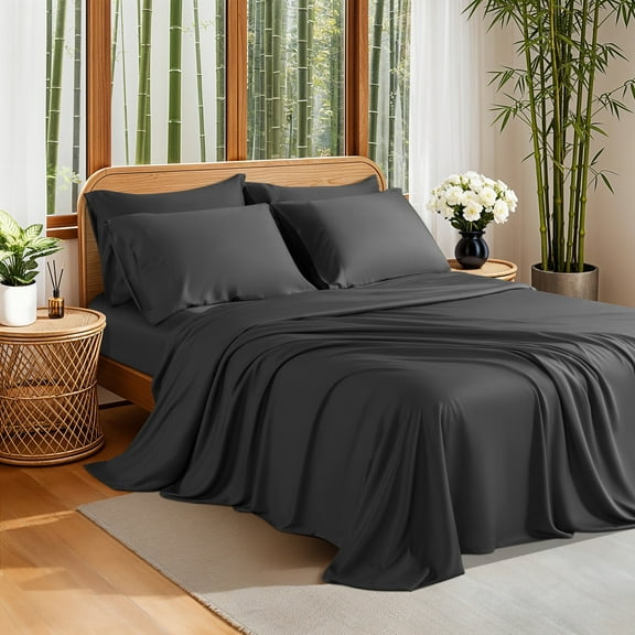 Sonoro Kate 100% Organic Luxurious Bamboo Sheets, Queen Sheet Set 6-Piece with 16" Deep Pocket, Silky Smooth Luxury Bed Sheets, Black