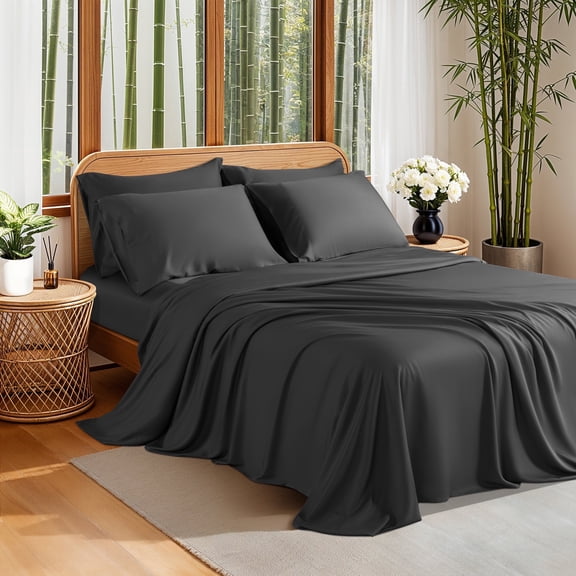 Sonoro Kate 100% Organic Cooling Bamboo Sheets, Queen Sheet Set 6-Piece with 16" Deep Pocket, Silky Smooth Luxury Bed Sheets, Black