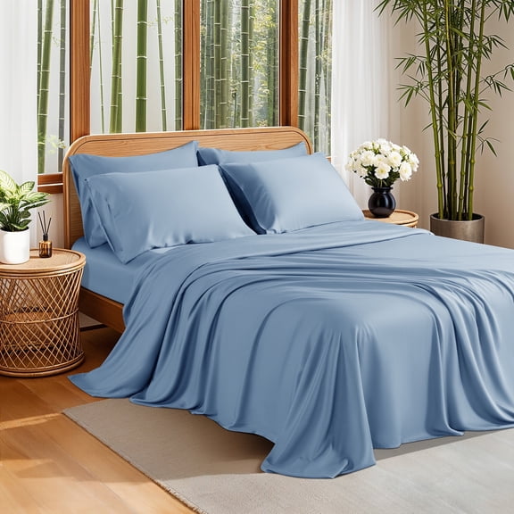 Sonoro Kate 100% Organic Luxurious Bamboo Sheets, Queen Sheet Set 6-Piece with 16" Deep Pocket, Silky Smooth Luxury Bed Sheets, Lake Blue