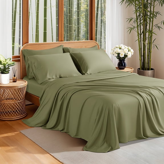 Sonoro Kate 100% Organic Luxurious Bamboo Sheets, Queen Sheet Set 6-Piece with 16" Deep Pocket, Silky Smooth Luxury Bed Sheets, Sage Green