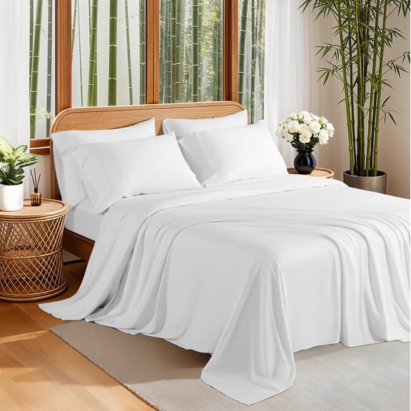 Sonoro Kate 100% Organic Luxurious Bamboo Sheets, Queen Sheet Set 6-Piece with 16" Deep Pocket, Silky Smooth Luxury Bed Sheets, White