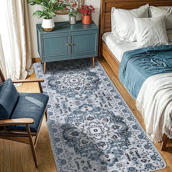Sonoro Kate 2.5x8 Area Rugs for Living Room Bedroom, Non Slip Boho Machine Washable Indoor Floor Carpet, Blue-Gray