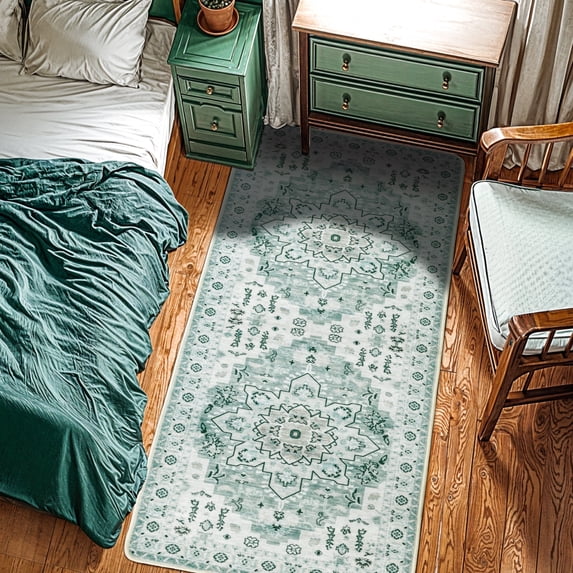 Sonoro Kate 2.5x8 Area Rugs for Living Room Bedroom, Non Slip Boho Machine Washable Indoor Floor Carpet, Green