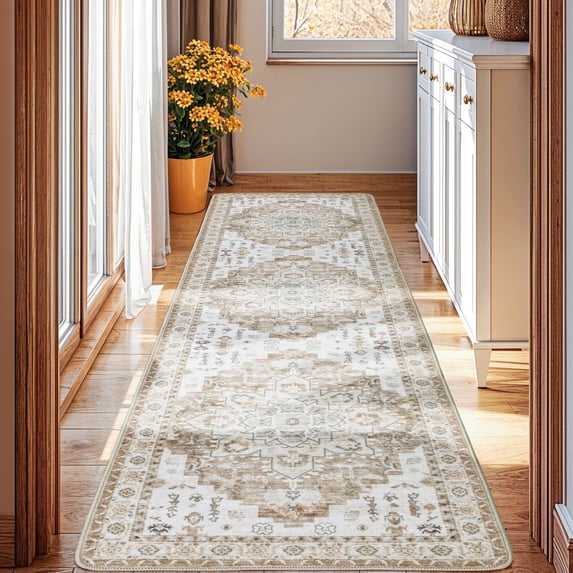 Sonoro Kate 2x10 Area Rugs for Living Room Bedroom, Non Slip Boho Machine Washable Indoor Floor Carpet, Cream