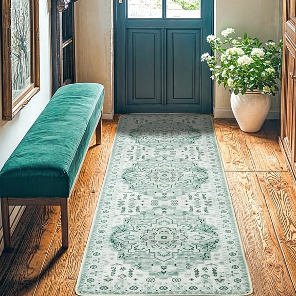Sonoro Kate 2x10 Area Rugs for Living Room Bedroom, Non Slip Boho Machine Washable Indoor Floor Carpet, Green