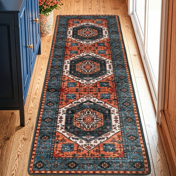 Sonoro Kate 2x10 Area Rugs for Living Room Bedroom, Non Slip Boho Machine Washable Indoor Floor Carpet, Red-Blue