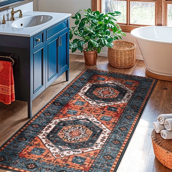 Sonoro Kate 2x6 Area Rugs for Living Room Bedroom, Non Slip Boho Machine Washable Indoor Floor Carpet, Red-Blue