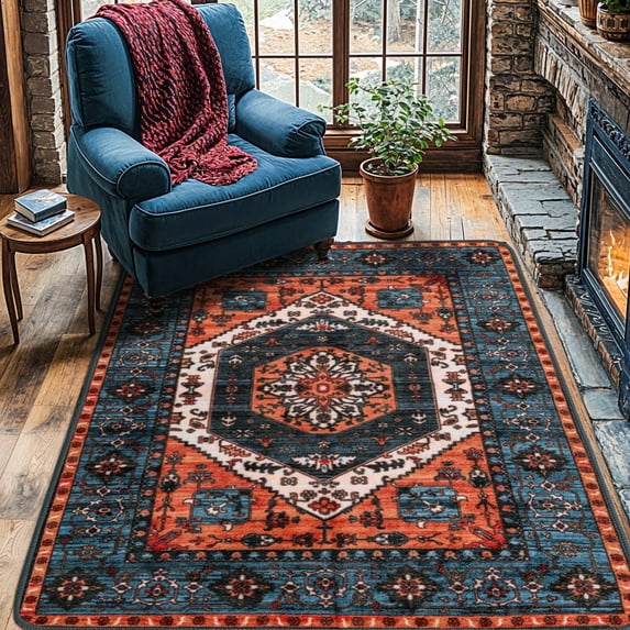 Sonoro Kate 3x5 Area Rugs for Living Room Bedroom, Non Slip Boho Machine Washable Indoor Floor Carpet, Red-Blue