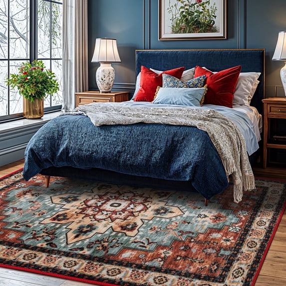 Sonoro Kate 4x6 Area Rugs for Living Room Bedroom, Non Slip Boho Machine Washable Indoor Floor Carpet, Red