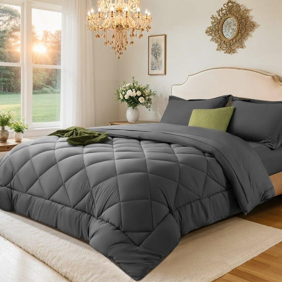 Sonoro Kate 5 Pieces Twin Comforter Set, Bed in a Bag for All Seasons, Soft Bedding Set with Comforter, 1 Flat Sheet, 1 Fitted Sheet, 1 Pillowcases, 1 Pillow Shams, Dark Gray