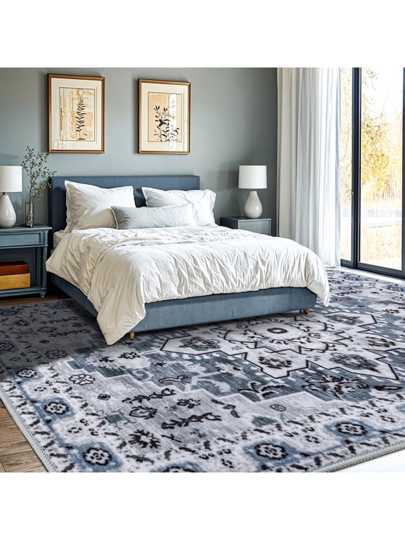 8x10 Area Rugs for Living Room Bedroom, Non Slip Boho Machine Washable Indoor Floor Carpet, Blue-Gray