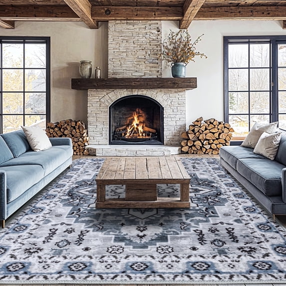 Sonoro Kate 9x12 Area Rugs for Living Room Bedroom, Non Slip Boho Machine Washable Indoor Floor Carpet, Blue-Gray