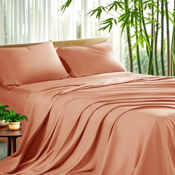 Sonoro Kate Luxury Bamboo Bed Sheet Set - Deep Pockets - 4 Piece, California King, Coral