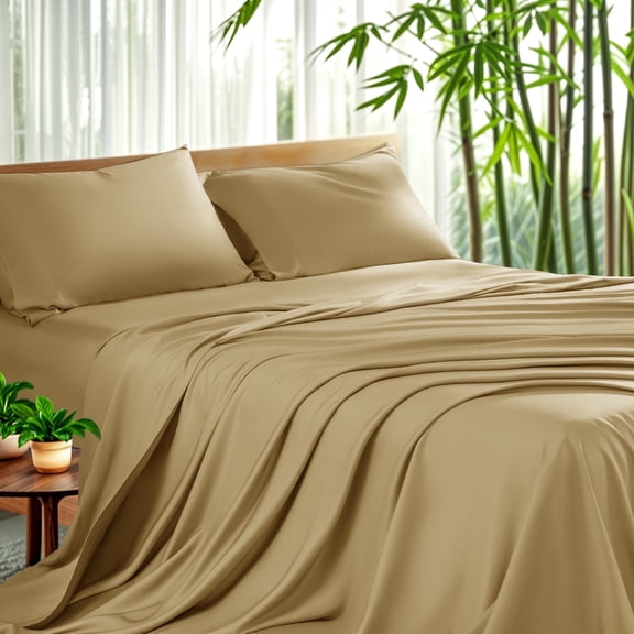 Sonoro Kate Luxury Cooling Bamboo Bed Sheet Set - Deep Pockets - 4 Piece, California King, Taupe