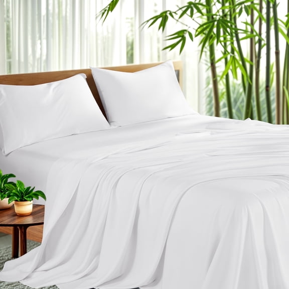 Sonoro Kate Luxury Bamboo Bed Sheet Set - Deep Pockets - 4 Piece, California King, White