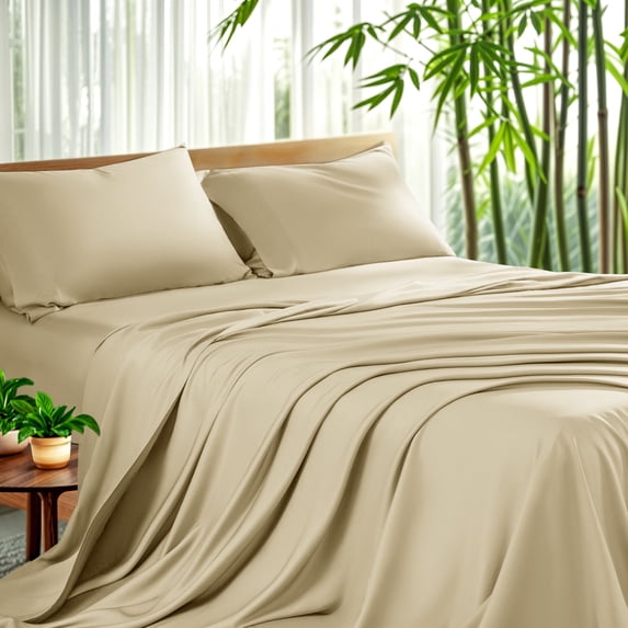Sonoro Kate Luxury Bamboo Bed Sheet Set - Deep Pockets - 4 Piece, King, Beige