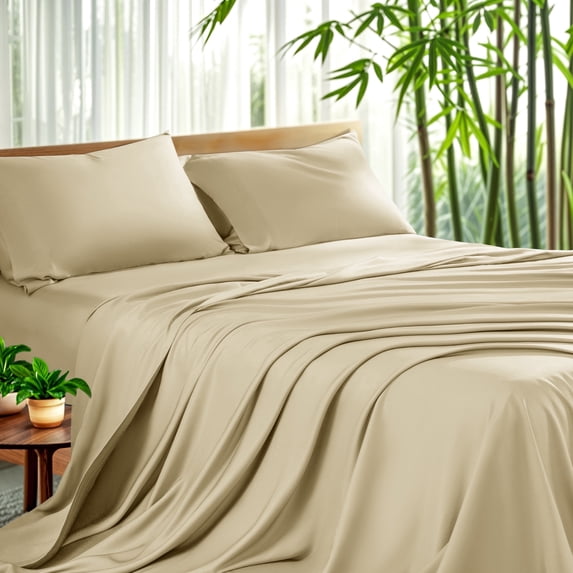 Sonoro Kate Breathable Bamboo Bed Sheet Set - Deep Pockets - 4 Piece, King, Beige