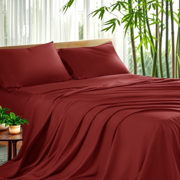 Sonoro Kate Luxury Cooling Bamboo Bed Sheet Set - Deep Pockets - 4 Piece, King, Burgundy