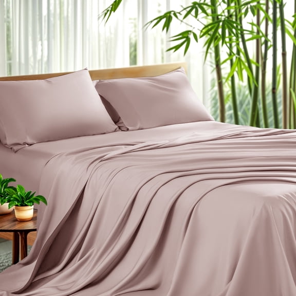 Sonoro Kate Luxury Cooling Bamboo Bed Sheet Set - Deep Pockets - 4 Piece, King, Light Pink