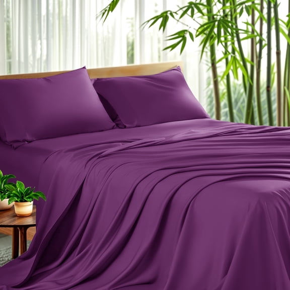 Sonoro Kate Luxury Cooling Bamboo Bed Sheet Set - Deep Pockets - 4 Piece, King, Purple
