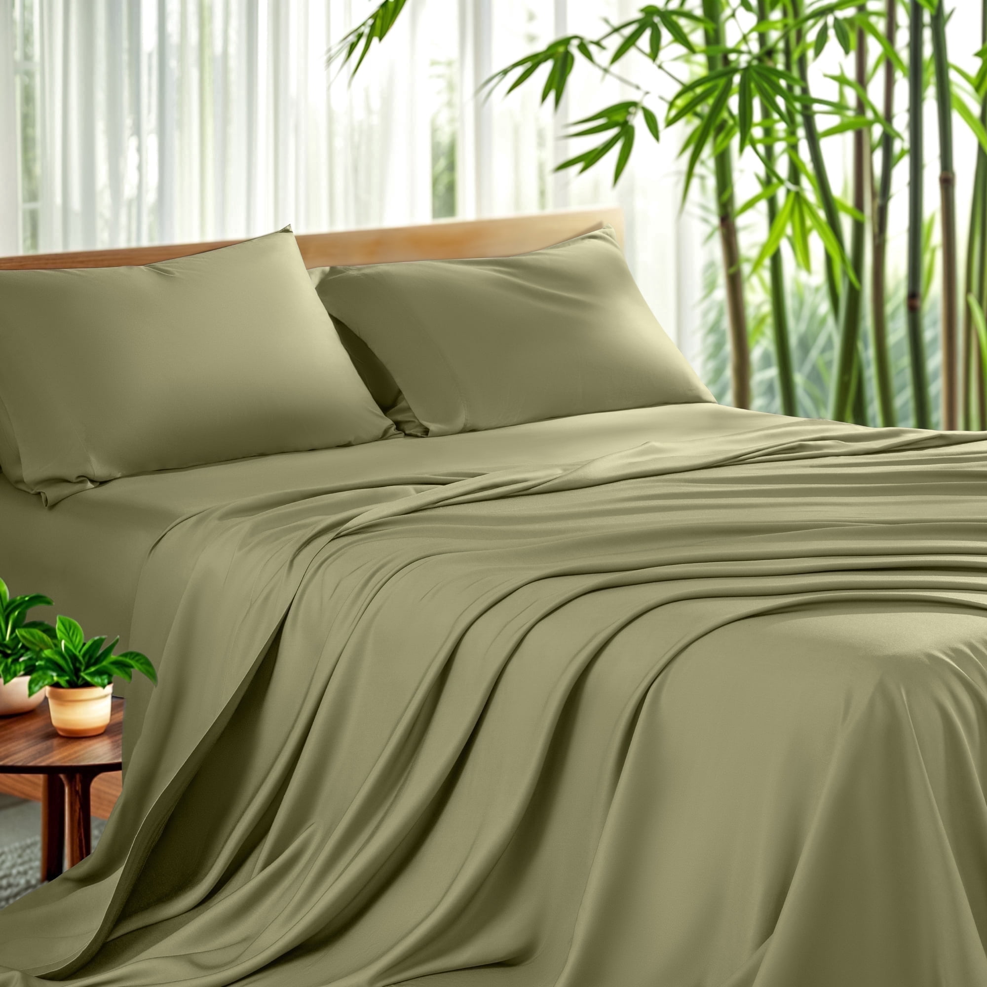Sonoro Kate Luxury Cooling Bamboo Bed Sheet Set - Deep Pockets - 4 Piece, King, Sage Green