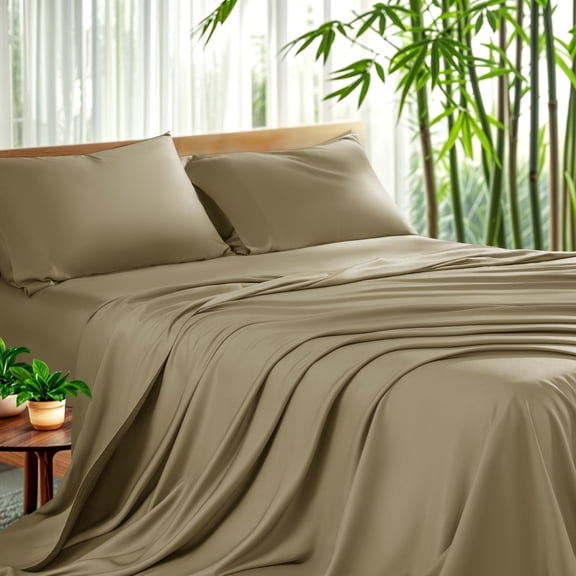 Sonoro Kate Luxury Cooling Bamboo Bed Sheet Set - Deep Pockets - 4 Piece, King, Sand
