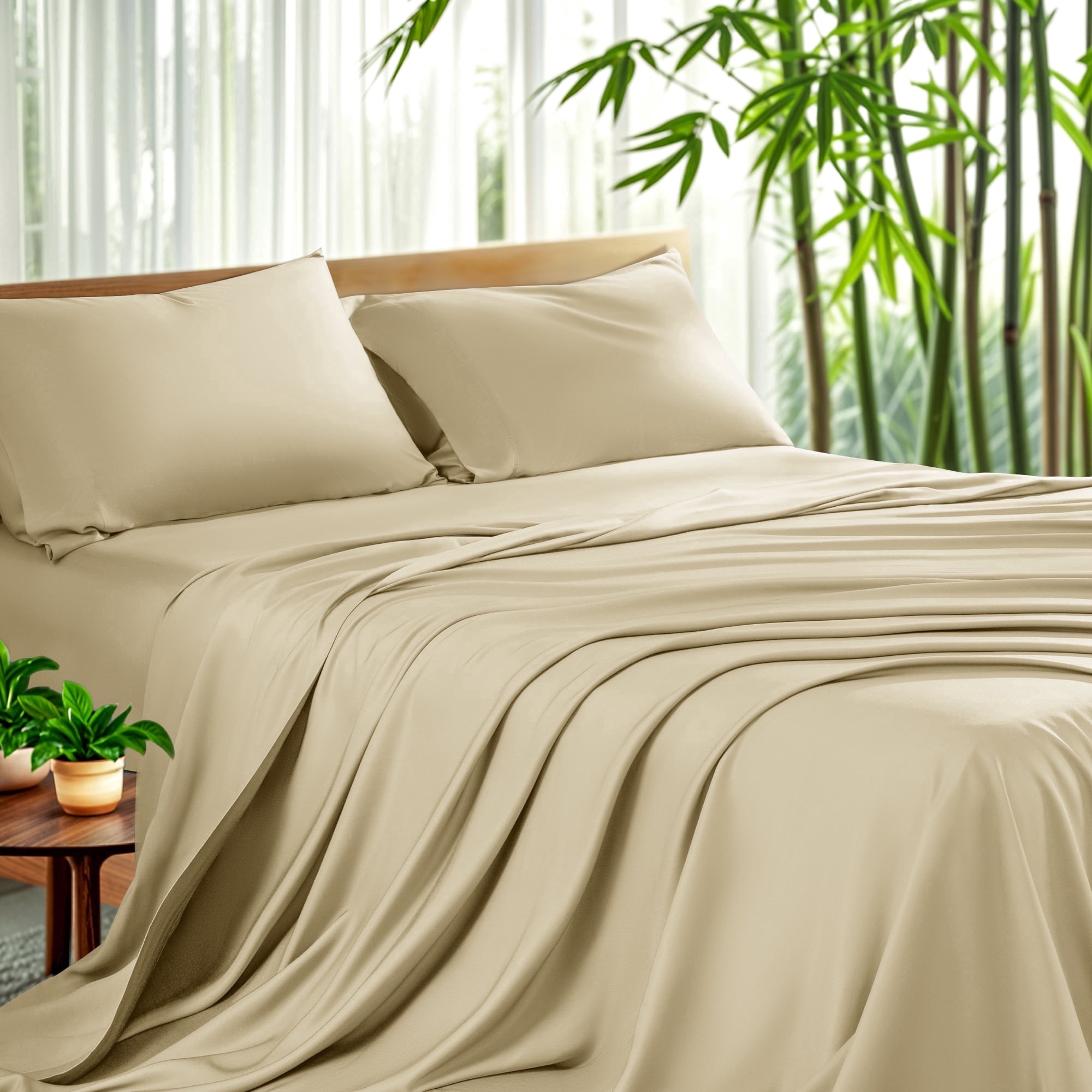Sonoro Kate Luxury Cooling Bamboo Bed Sheet Set - Deep Pockets - 4 Piece, Queen, Beige