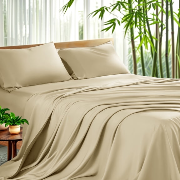 Sonoro Kate Luxury Bamboo Bed Sheet Set - Deep Pockets - 4 Piece, Queen, Beige