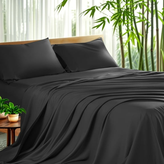 Sonoro Kate Luxury Bamboo Bed Sheet Set - Deep Pockets - 4 Piece, Queen, Black