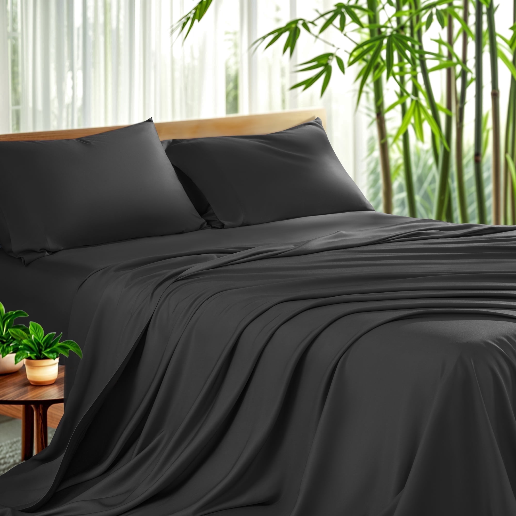 Sonoro Kate Luxury Cooling Bamboo Bed Sheet Set - Deep Pockets - 4 Piece, Queen, Black