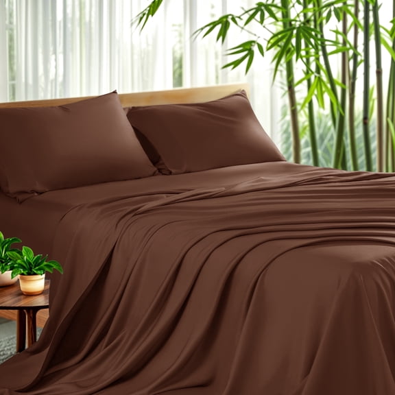 Sonoro Kate Luxury Cooling Bamboo Bed Sheet Set - Deep Pockets - 4 Piece, Queen, Brown