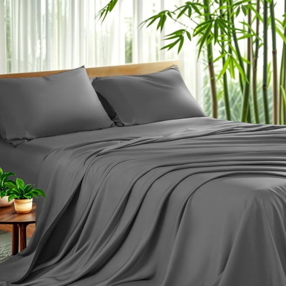 Sonoro Kate Luxury Bamboo Bed Sheet Set - Deep Pockets - 4 Piece, Queen, Dark Gray