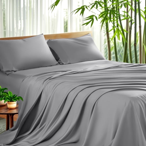 Sonoro Kate Luxury Cooling Bamboo Bed Sheet Set - Deep Pockets - 4 Piece, Queen, Gray