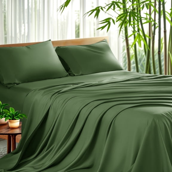 Sonoro Kate Luxury Cooling Bamboo Bed Sheet Set - Deep Pockets - 4 Piece, Queen, Olive Green