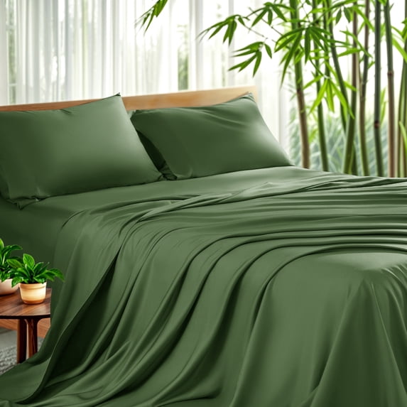 Sonoro Kate Breathable Bamboo Bed Sheet Set - Deep Pockets - 4 Piece, Queen, Olive Green