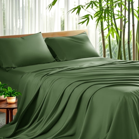 Sonoro Kate Luxury Bamboo Bed Sheet Set - Deep Pockets - 4 Piece, Queen, Olive Green