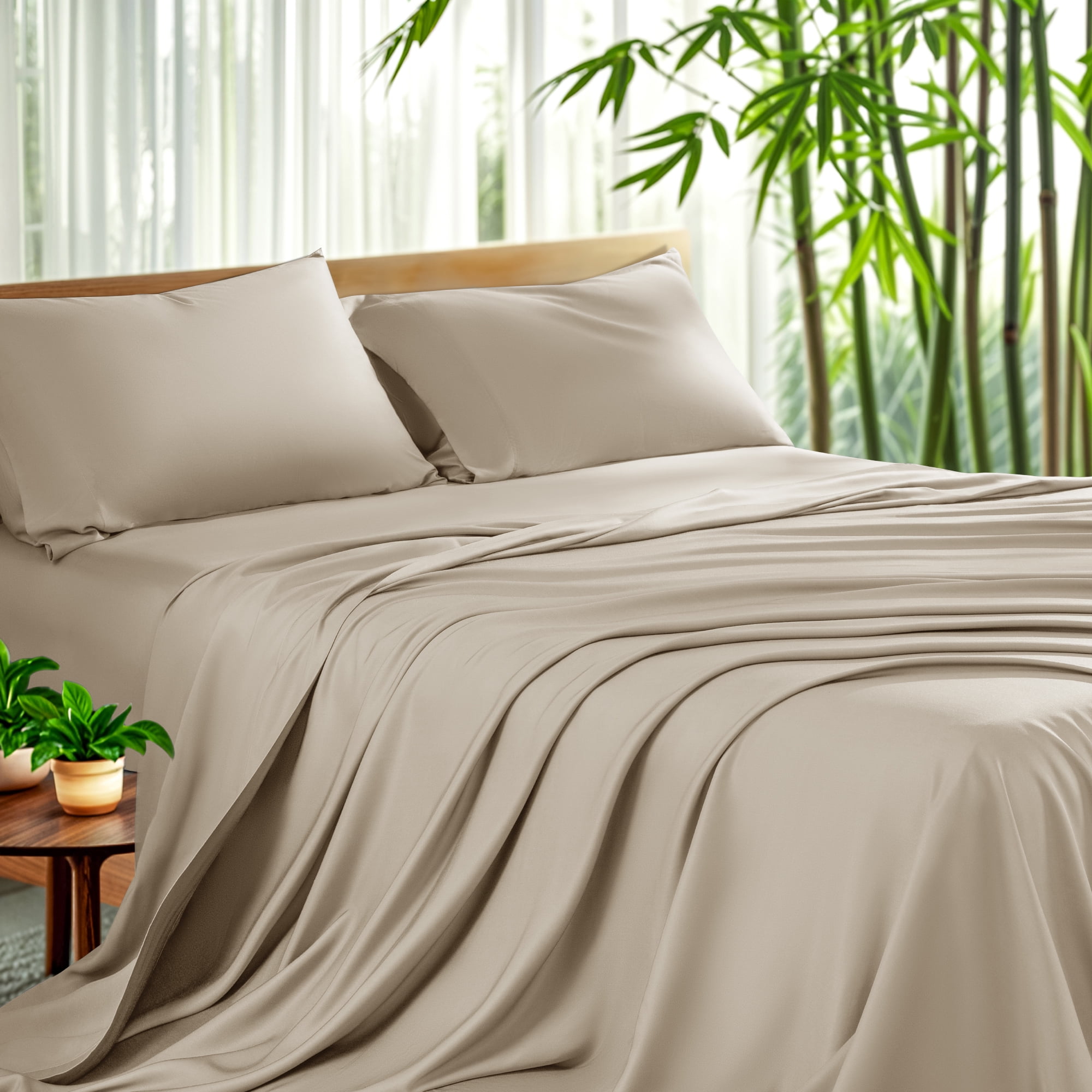 Sonoro Kate Luxury Bamboo Bed Sheet Set - Deep Pockets - 4 Piece, Queen, Beige - Walmart.com