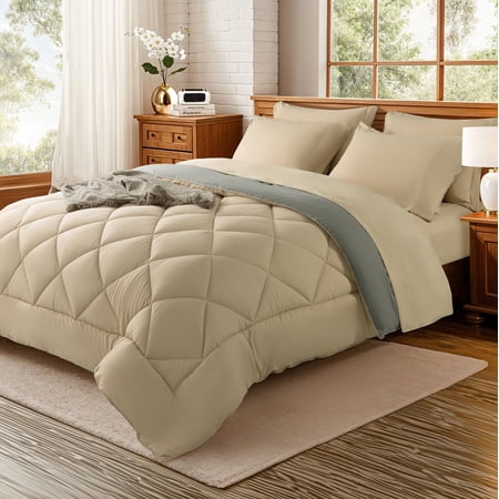Sonoro Kate Twin Comforter Set Beige, Bed in a Bag 5 Pieces, Luxury Soft All-Season Bedding Set with Down Alternative Comforter, 1 Flat & 1 Fitted Sheets, 1 Pillowcases & 1 Shams