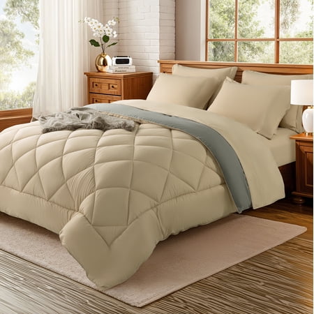 Sonoro Kate Full Comforter Set Beige, Bed in a Bag 7 Pieces, Luxury Soft All-Season Bedding Set with Down Alternative Comforter, 1 Flat & 1 Fitted Sheets, 2 Pillowcases & 2 Shams