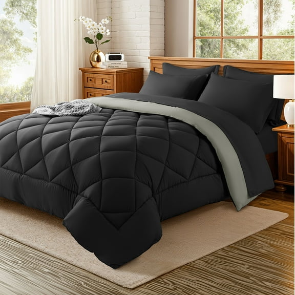 Sonoro Kate Queen Comforter Set Black, Bed in a Bag 5 Pieces, Luxury Soft All-Season Bedding Set with Down Alternative Comforter, 1 Flat & 1 Fitted Sheets, 1 Pillowcases & 1 Shams