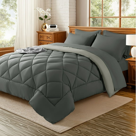Sonoro Kate Queen Comforter Set Dark Gray, Bed in a Bag 5 Pieces, Luxury Soft All-Season Bedding Set with Down Alternative Comforter, 1 Flat & 1 Fitted Sheets, 1 Pillowcases & 1 Shams