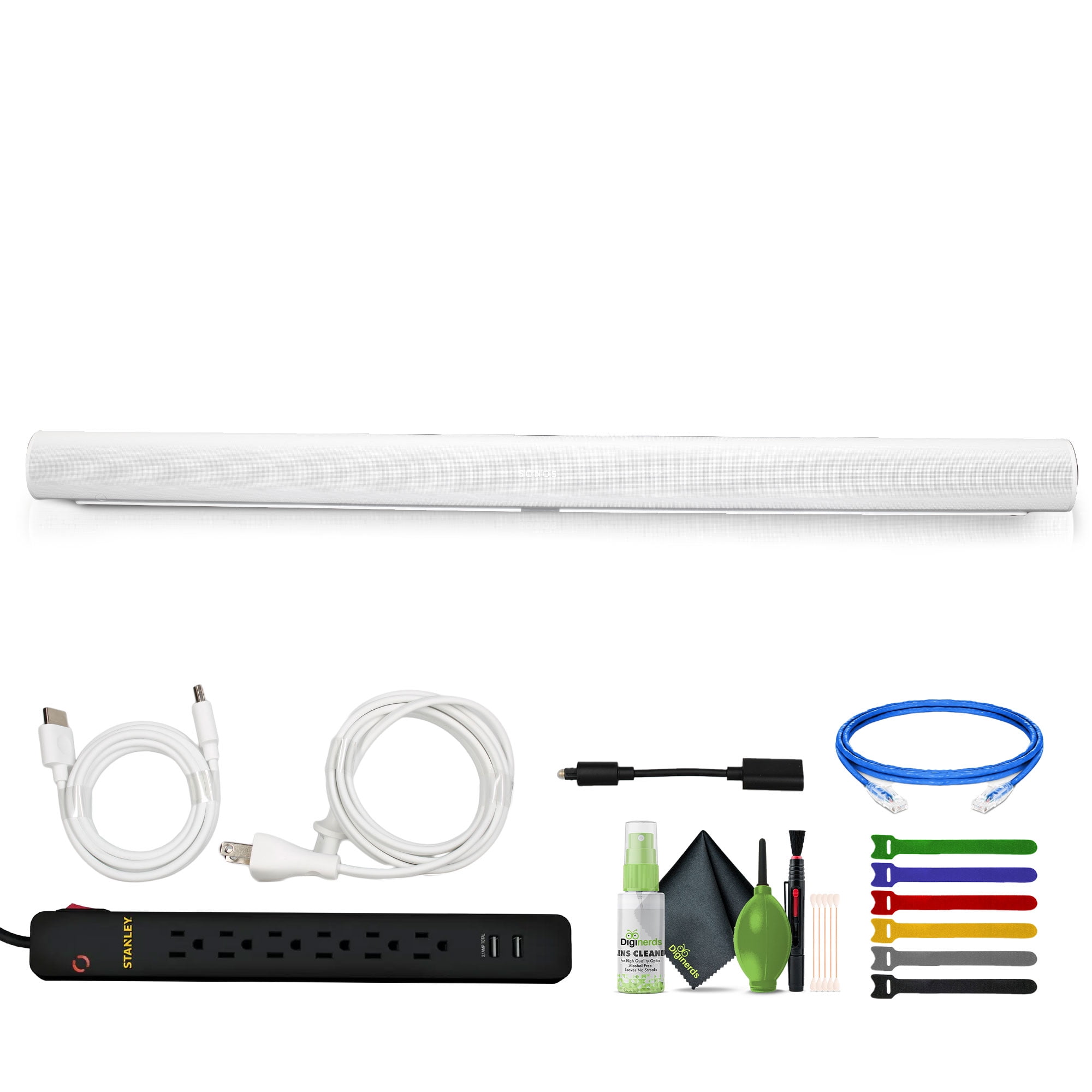 Sonos Arc The Premium Smart Soundbar for TV, Movies, Music, Gaming, and More - White Bundle With Surge Protector Outlet 2 USB Black + Cable Ties + Cat6e Ethernet Patch Cable + Cleaning kit