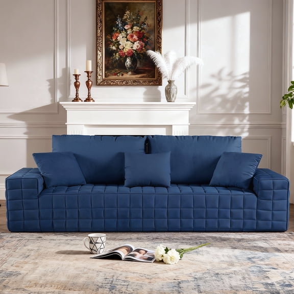 Sonovafurn 91" Chenille Cloud Sofa, 3-Seater Boneless Couch with High Density Foam & Pocket Springs, No Assembly Couch-in-a-Box, Non-Slip Base, Modern Grid Tufted Sofa for Living Room, Navy Blue