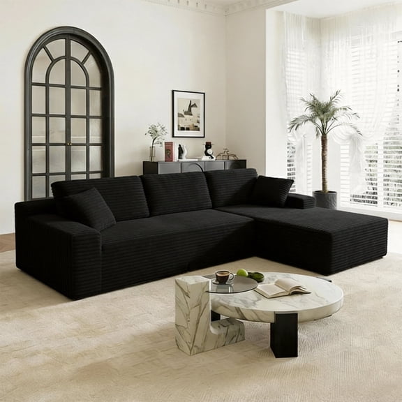 Sonovafurn Corduroy L-Shaped Sectional Sofa, Boneless Cloud Couch with Memory Foam & Pocket Springs, No Assembly Required Modular Chaise Sofa, Black