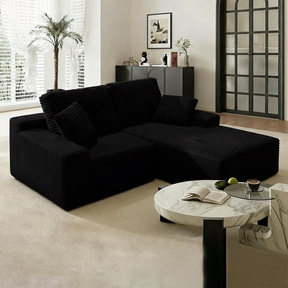 Sonovafurn Corduroy L-Shaped Sectional Sofa, Boneless Cloud Couch with Memory Foam & Pocket Springs, No Assembly Required Modular Chaise Sofa, Black