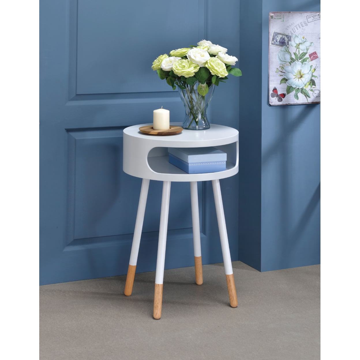 Sonria Round White and Natural Wood End Table with Metal Legs