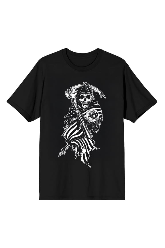 Sons Of Anarchy American Flag Reaper Adult Black Crew Neck Short Sleeve T-shirt-XXL